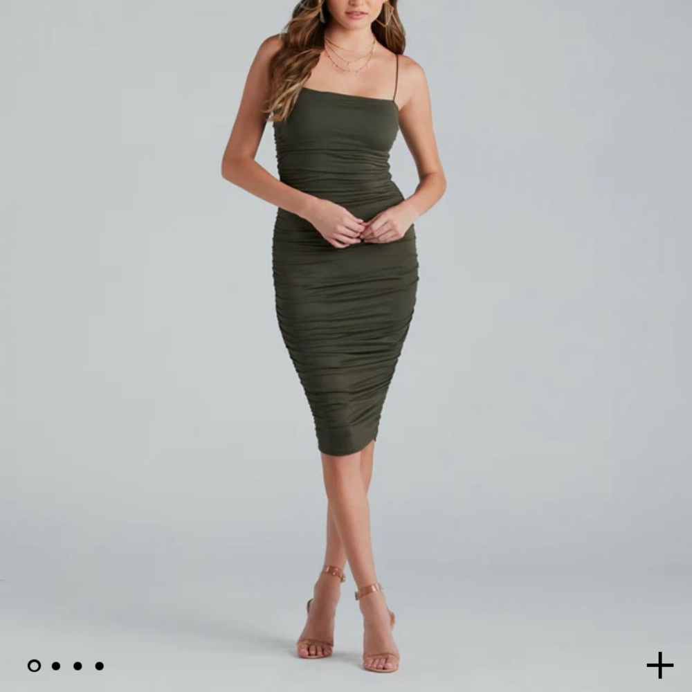 Olive Green midi rouched dress
